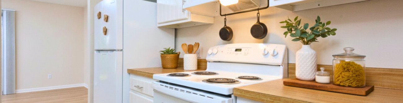Kitchen looking at stove with decor on counter